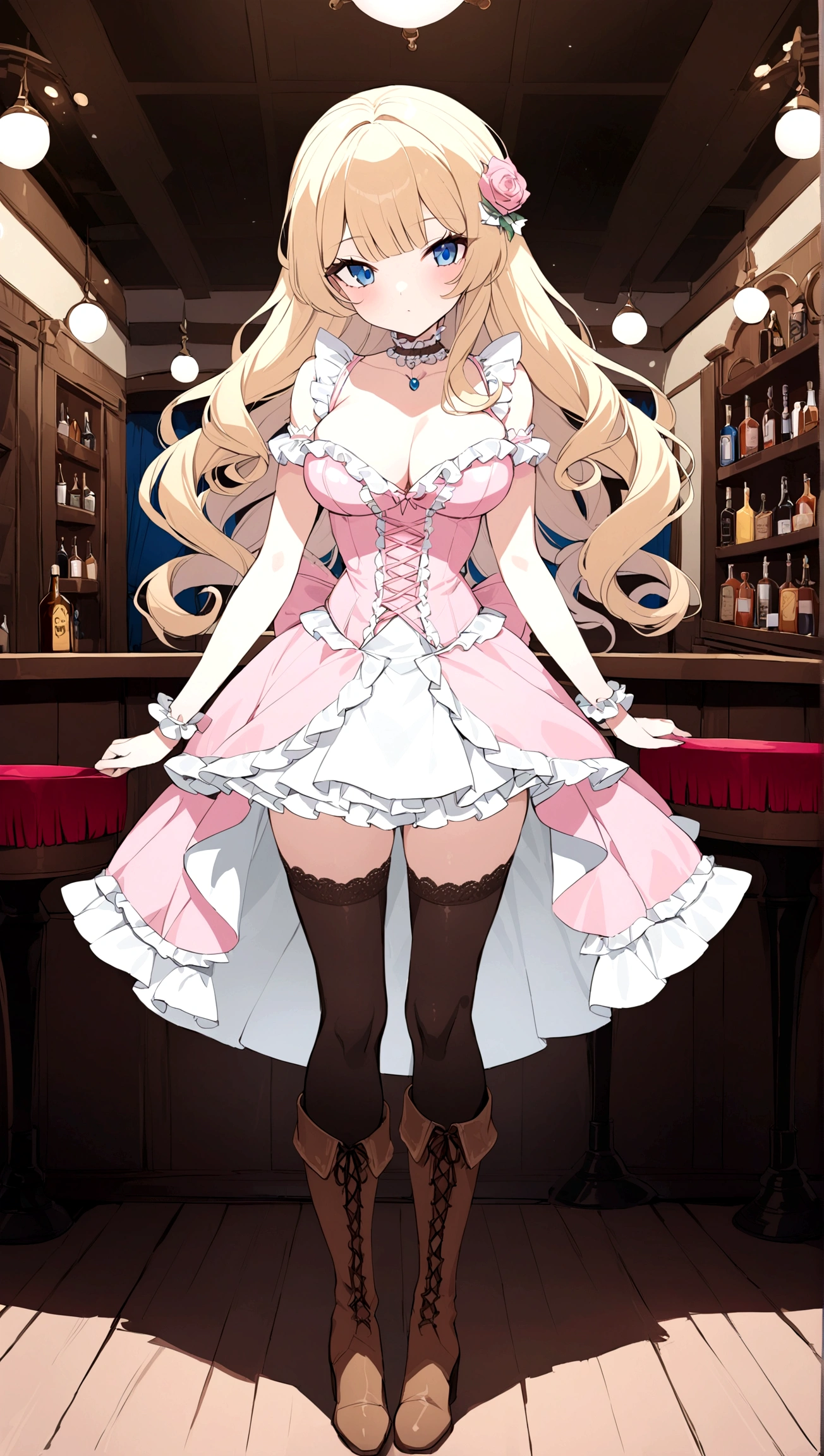 Curls,blonde hair,blue eyes,long eyelashes,long hair,fringe bangs,sidecurls,fullbody,standing,masterpiece,highress,frilly intricate pink saloon girl dress,knee length skirt,white accents,pink corset,lace up heeled knee high boots,stockings,saloon,short at the front center of the skirt,frilly sleeveles saloon girl dress with sweatheart frilled neckline,kneelength dress,frilled hemline,cowboy boots+,wild west,western,lace choker with big pink rose at the side,white frilled hem hemline,fullbody+,panier,standing straight,solo,
