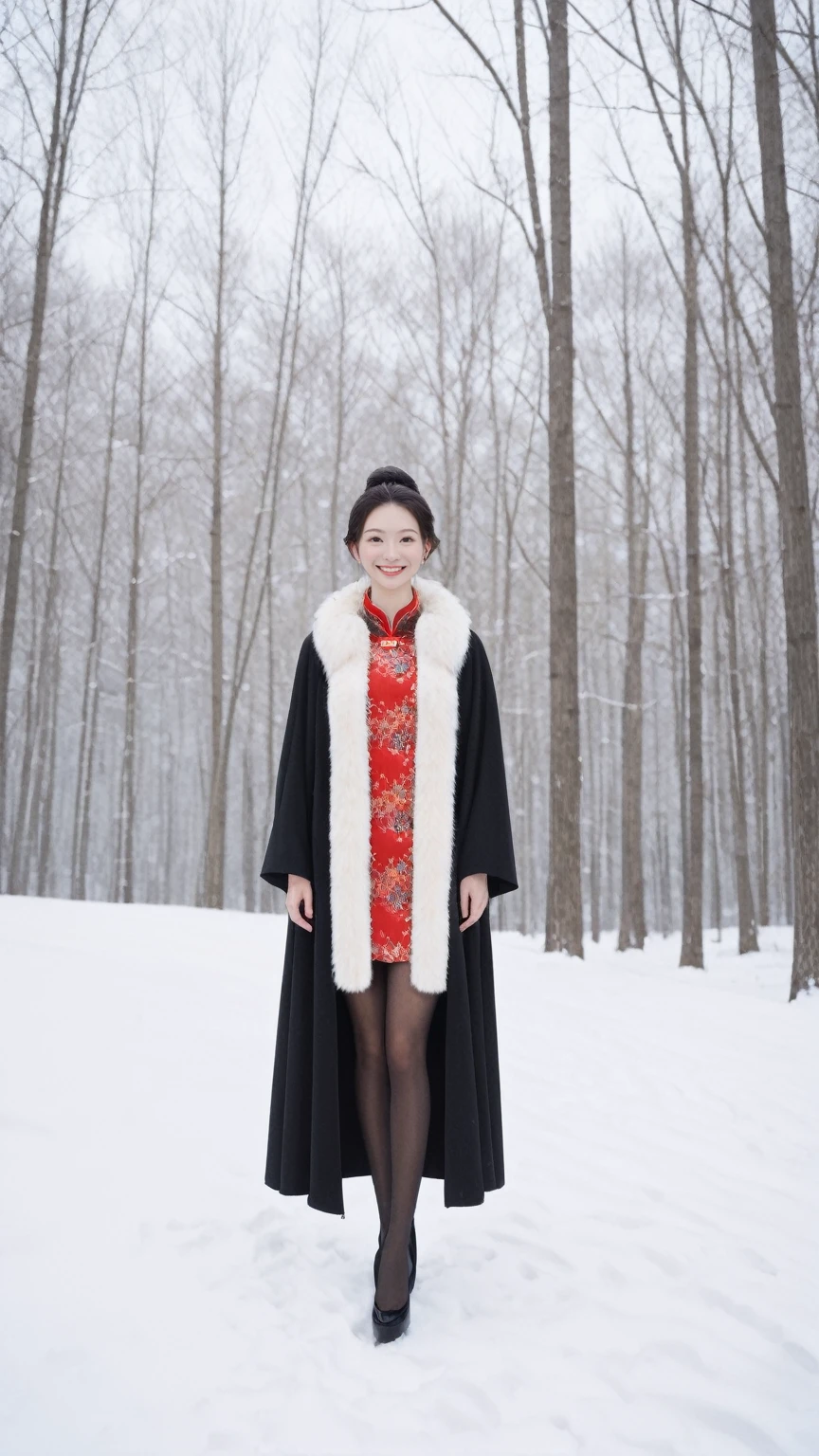 realistic,score_9, score_8_up, score_7_up, BREAK, In this 16k winter masterpiece wallpaper, a breathtakingly beautiful girl stands alone in a snowy forest, exuding an enchanting beauty. The scene is set outdoors, capturing the essence of a serene winter wonderland. She is dressed in a vintage-style fur collar and an exquisitely embroidered cloak that subtly reveals her clavicle, adding a touch of elegance to her attire. Beneath the cloak, she wears a Maxi cheongsam, highlighting her slender legs and complemented by pantyhose and high heels. The snow-covered forest around her creates a picturesque backdrop, with the snow gently falling and the trees covered in a thick blanket of white. Her arms are gracefully behind her back, and she beams a warm, charming smile, radiating happiness and a timeless allure amidst the tranquil snowy landscape.