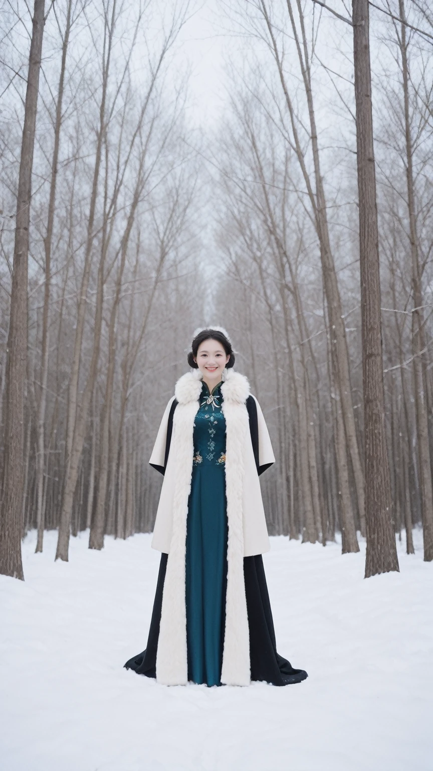 realistic,score_9, score_8_up, score_7_up, BREAK, In this 16k winter masterpiece wallpaper, a breathtakingly beautiful girl stands alone in a snowy forest, exuding an enchanting beauty. The scene is set outdoors, capturing the essence of a serene winter wonderland. She is dressed in a vintage-style fur collar and an exquisitely embroidered cloak that subtly reveals her clavicle, adding a touch of elegance to her attire. Beneath the cloak, she wears a Maxi cheongsam, highlighting her slender legs and complemented by pantyhose and high heels. The snow-covered forest around her creates a picturesque backdrop, with the snow gently falling and the trees covered in a thick blanket of white. Her arms are gracefully behind her back, and she beams a warm, charming smile, radiating happiness and a timeless allure amidst the tranquil snowy landscape.