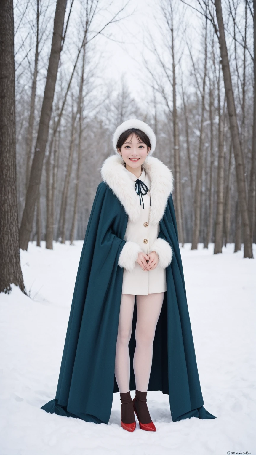 realistic,score_9, score_8_up, score_7_up, BREAK, In this 16k winter masterpiece wallpaper, a breathtakingly beautiful girl stands alone in a snowy forest, exuding an enchanting beauty. The scene is set outdoors, capturing the essence of a serene winter wonderland. She is dressed in a vintage-style fur collar and an exquisitely embroidered cloak that subtly reveals her clavicle, adding a touch of elegance to her attire. Beneath the cloak, she wears a Maxi cheongsam, highlighting her slender legs and complemented by pantyhose and high heels. The snow-covered forest around her creates a picturesque backdrop, with the snow gently falling and the trees covered in a thick blanket of white. Her arms are gracefully behind her back, and she beams a warm, charming smile, radiating happiness and a timeless allure amidst the tranquil snowy landscape.