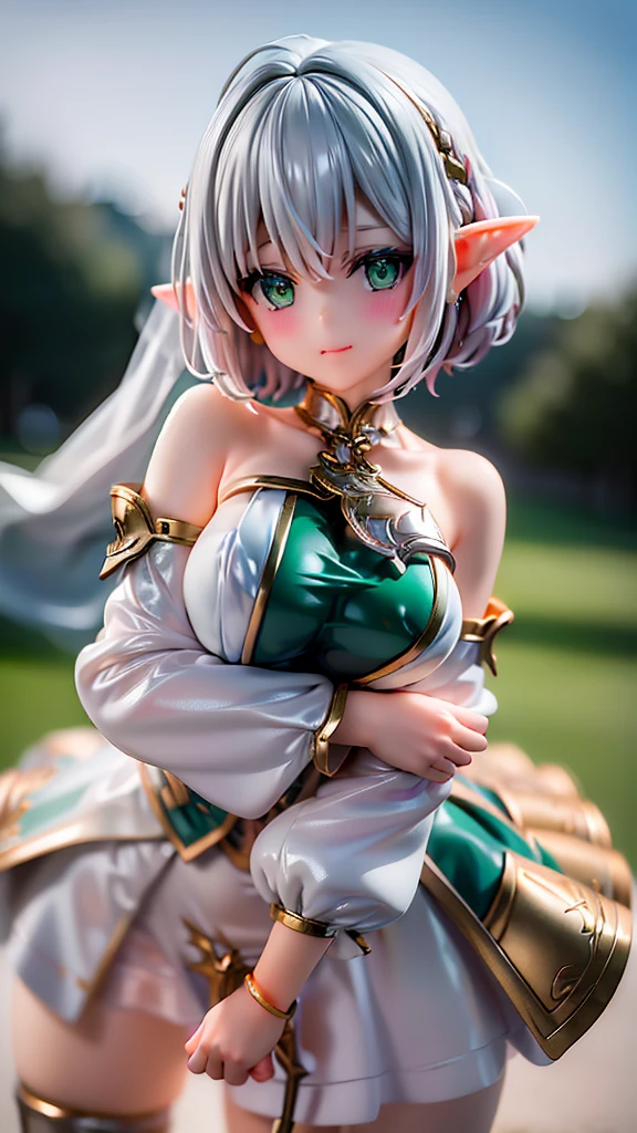 Bust Shot、Masterpiece、high resolution、high quality、32k、(Elf Woman、Blonde、short hair、Green Eyes、Pink lip gloss、Shining silver, noble armor、Metal breastplate、Shoulder rest、tiny hand、White cloak)、Smiling Kindly、Look at me with a favorable eye、Inside the castle at night、(Focus on the upper body)