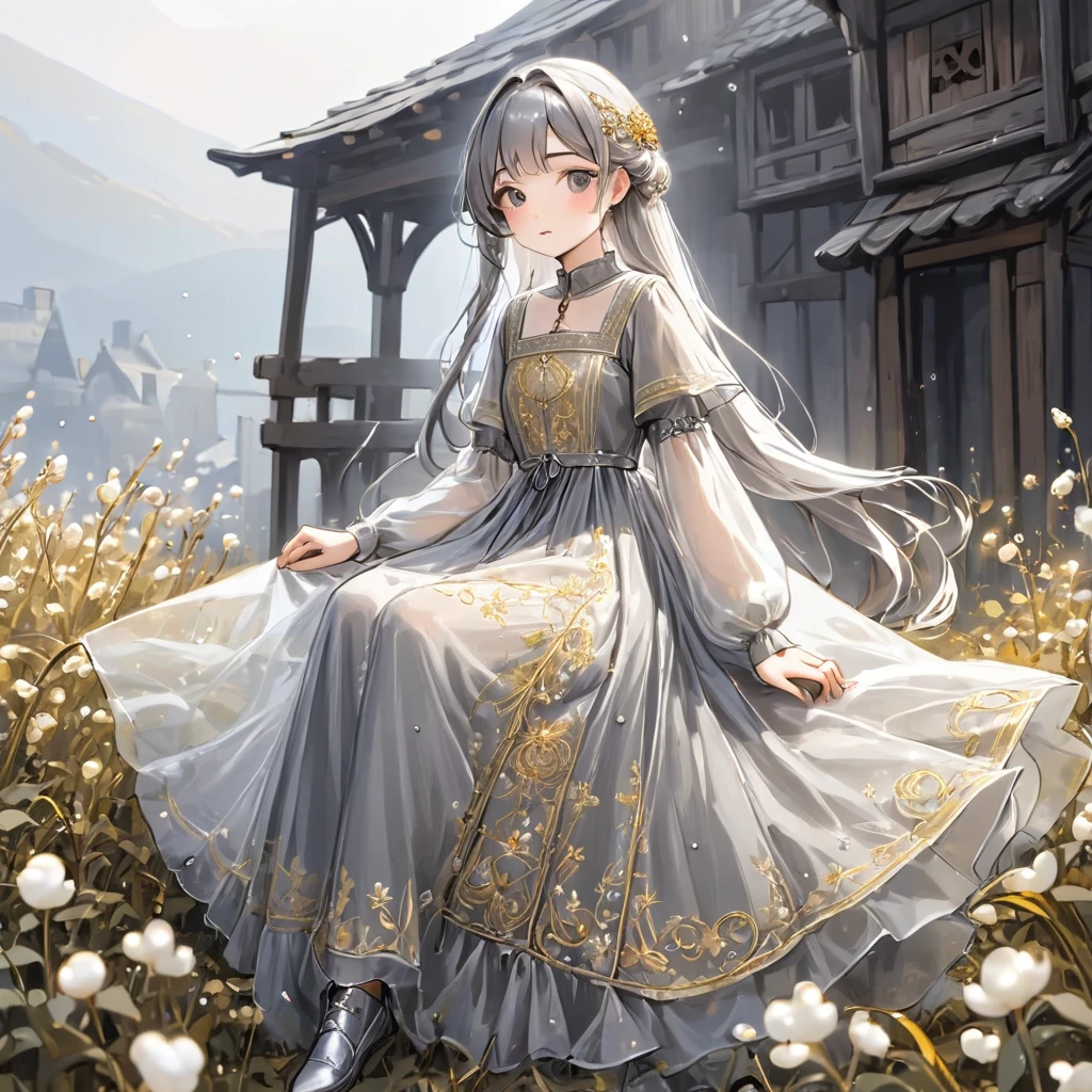 girl, Gold and silver embroidery, White-gray pearl medieval long dress（With panniers）, Translucent fabric, Pull up the dress by hand, Strong winds, Translucent slip, Grey translucent tights, Peeking from below, Highest quality, Disorder of clothing, sit