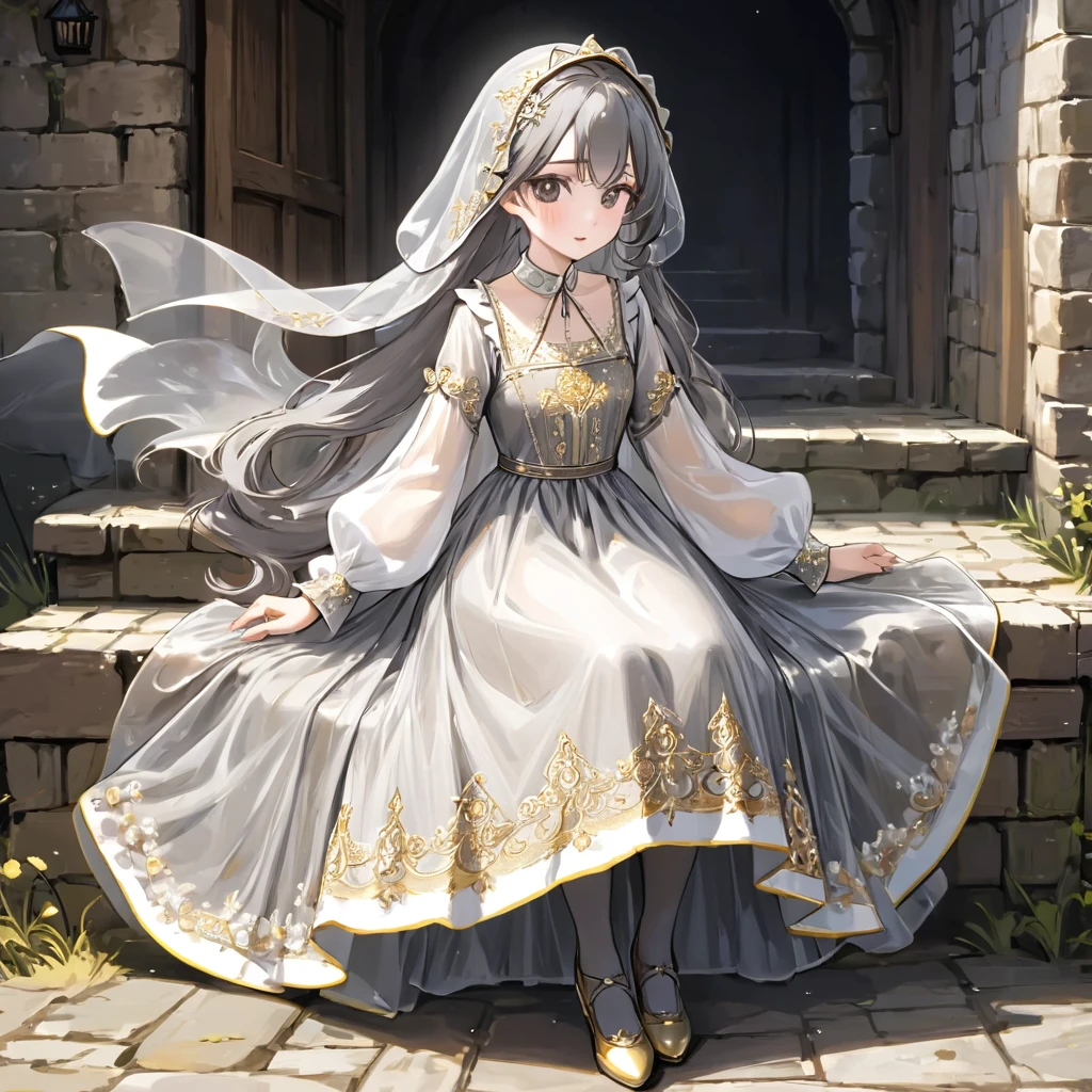 girl, Gold and silver embroidery, White-gray pearl medieval long dress（With panniers）, Translucent fabric, Pull up the dress by hand, Strong winds, Translucent slip, Grey translucent tights, Peeking from below, Highest quality, Disorder of clothing, sit