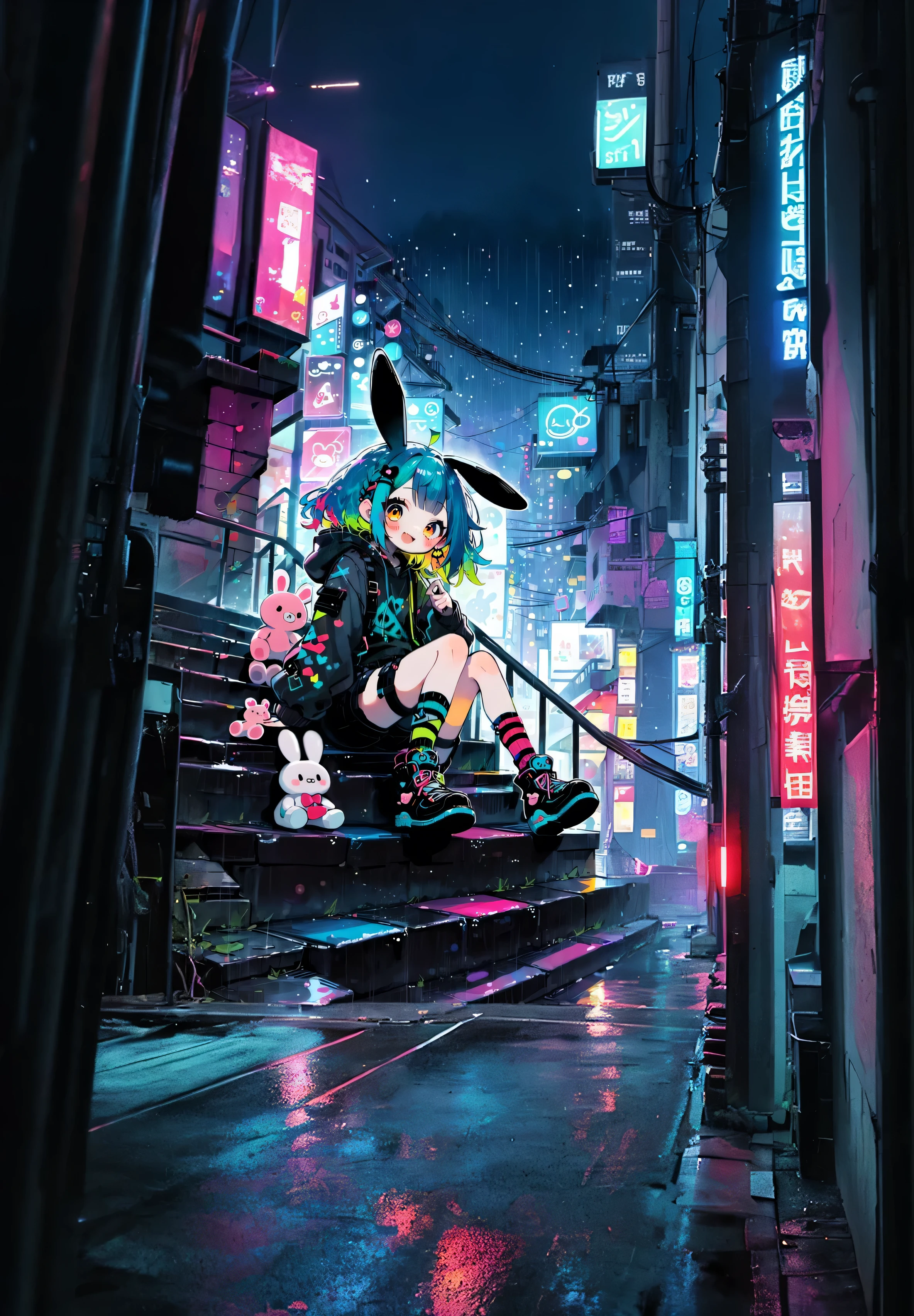 Take the cyberpunk stairs to the left。On the right are buildings。The neon lights are glowing mysteriously。