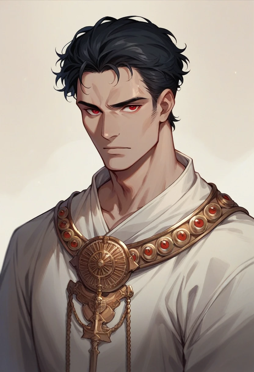 He is a boy with black hair and red eyes. He wears ancient warrior clothes. He has white skin and is beautiful. He is in his prime and looks nice.