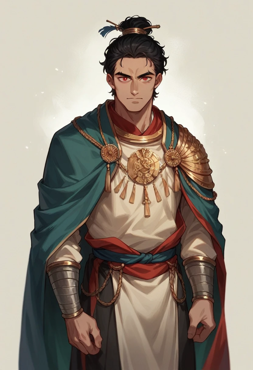He was born with black hair and red eyes, wearing ancient warrior clothes, and was white and beautiful