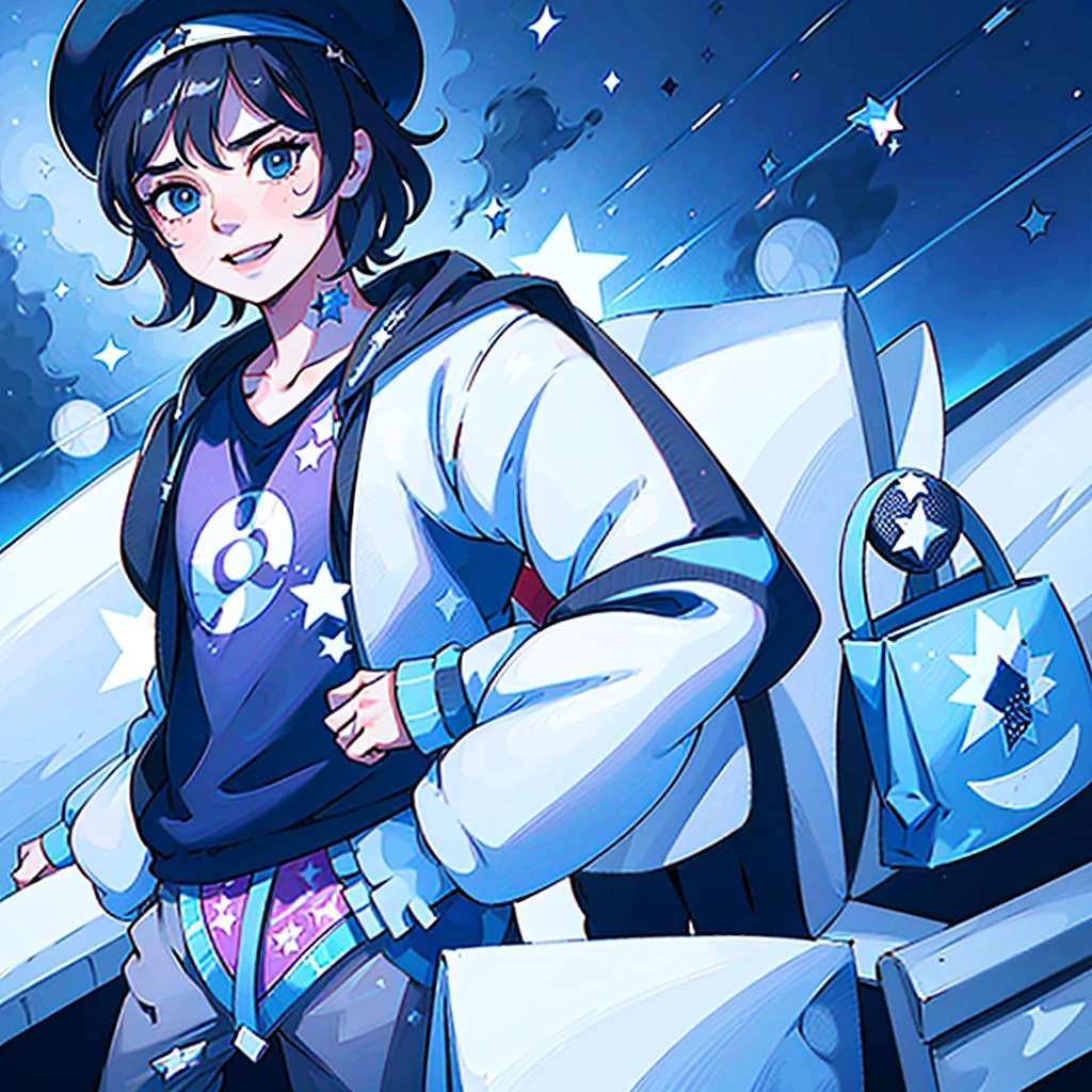 one charming adult man, short black hair, blue eyes, smiling, wearing a dark blue beret with a star on it, dark blue shirt with stars on it, black pants, holding purple shopping bags, mall and clothes in the backround, ultrasharp, 8k, masterpiece, looking at viewer