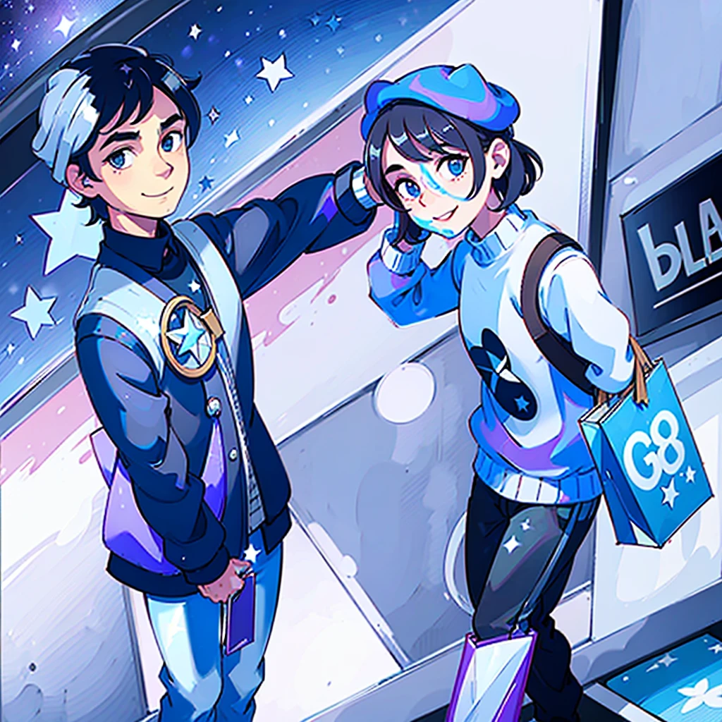 one charming adult man, short black hair, blue eyes, smiling, wearing a dark blue beret with a star on it, dark blue shirt with stars on it, black pants, holding purple shopping bags, mall and clothes in the backround, ultrasharp, 8k, masterpiece, looking at viewer
