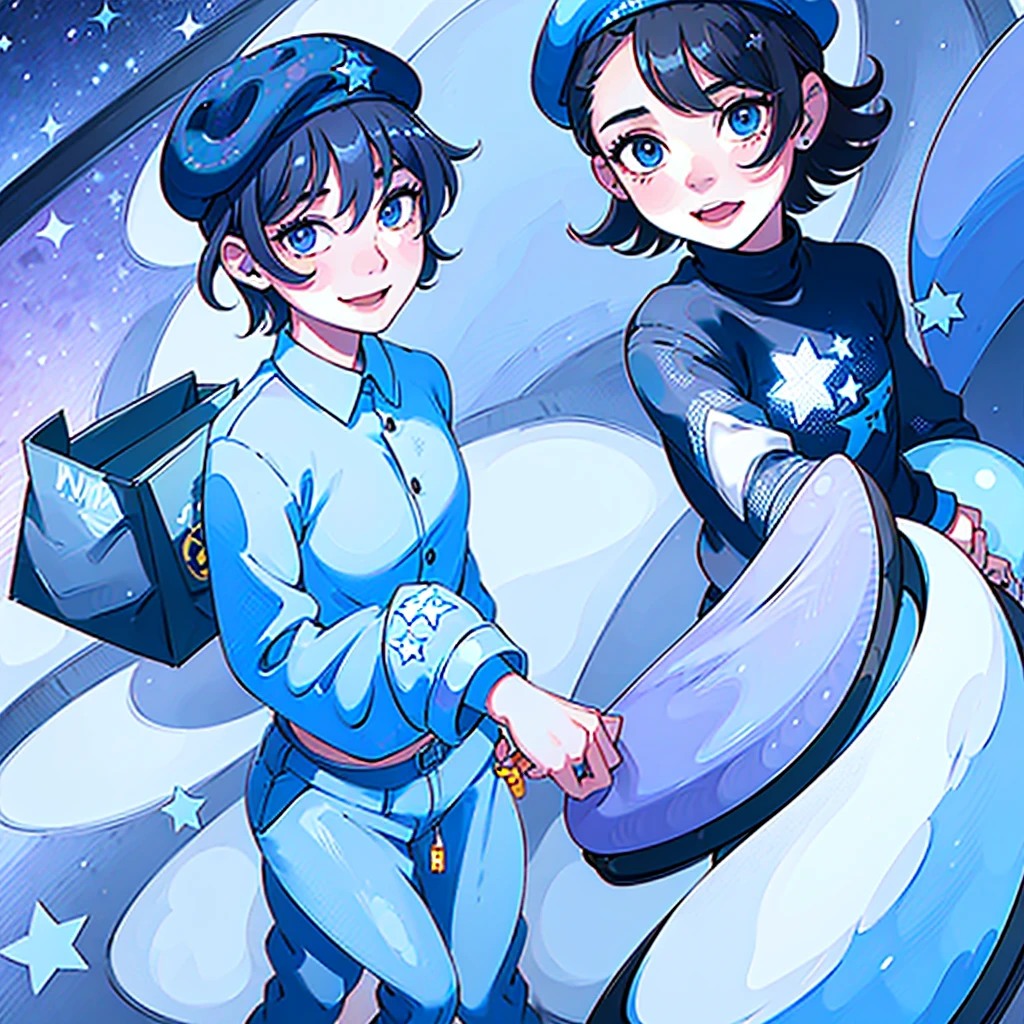one charming adult man, short black hair, blue eyes, smiling, wearing a dark blue beret with a star on it, dark blue shirt with stars on it, black pants, holding purple shopping bags, mall and clothes in the backround, ultrasharp, 8k, masterpiece, looking at viewer