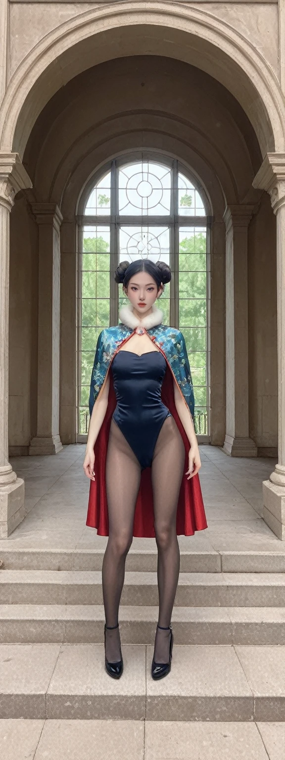 Beautiful Japanese 14 year old age girl, wearing snow white cosplay, blue silk corset, red silk cape, yellow silk pleated skater skirt, silk leggings, black bob hair, red hairband,((shiny)) silk elbow gloves, masterpiece, photorealistic, amazingly detailed face, maximum resolution, Large breasts, hand on hip, dynamic pose, silk opera gloves, deeply coloured lipstick,big pouting lips, seductive