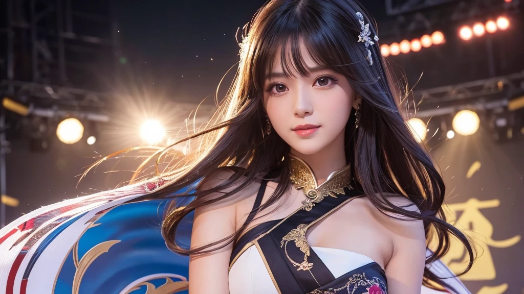 16K, 8k upscale, photorealistic, ultra detailed, best quality, masterpiece, perfect anatomy, lora:yaeSarahMultiverseSoulRays_v2:1,
a stunningly beautiful female announcer with long silky hair, holding a microphone, wearing an elegant dress that hugs her perfect figure, standing in a professional studio with stage lights illuminating her, looking directly at the camera with a warm and welcoming expression, style inspired by Sarah Essen Hosking and Yae Miko from Genshin Impact