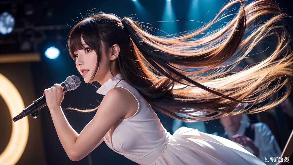 16K, 8k upscale, photorealistic, ultra detailed, best quality, masterpiece, perfect anatomy, lora:yaeSarahMultiverseSoulRays_v2:1,
a stunningly beautiful female announcer with long silky hair, holding a microphone, wearing an elegant dress that hugs her perfect figure, standing in a professional studio with stage lights illuminating her, looking directly at the camera with a warm and welcoming expression, style inspired by Sarah Essen Hosking and Yae Miko from Genshin Impact