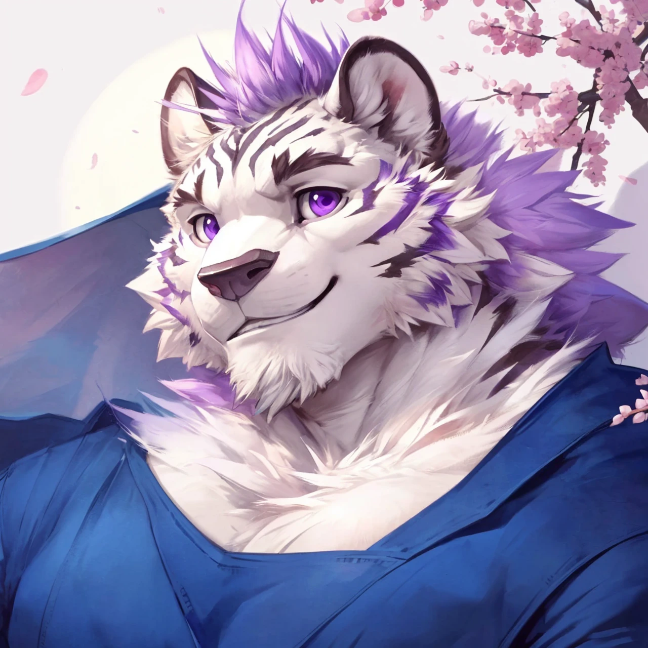 A furry male (white tiger), (Wearing blue) (anthro, male cute, barazoku, anime by littleblackalas, (kemono, bara), anime, shadows, smooth skin, masterpiece, best quality, by (by Pino Daeni, (by ruaidri), (starbuck), by (darkgem), (null ghost), (baiyushou) ((Estper)) (narse), (icon) (Gentle smile) (sakura background) (starry violet eyes)(under a tree shadow)