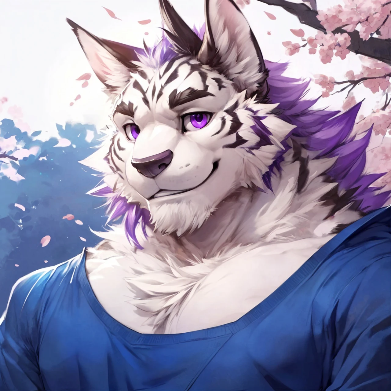 A furry male (white tiger), (Wearing blue) (anthro, male cute, barazoku, anime by littleblackalas, (kemono, bara), anime, shadows, smooth skin, masterpiece, best quality, by (by Pino Daeni, (by ruaidri), (starbuck), by (darkgem), (null ghost), (baiyushou) ((Estper)) (narse), (icon) (Gentle smile) (sakura background) (starry violet eyes)(under a tree shadow)