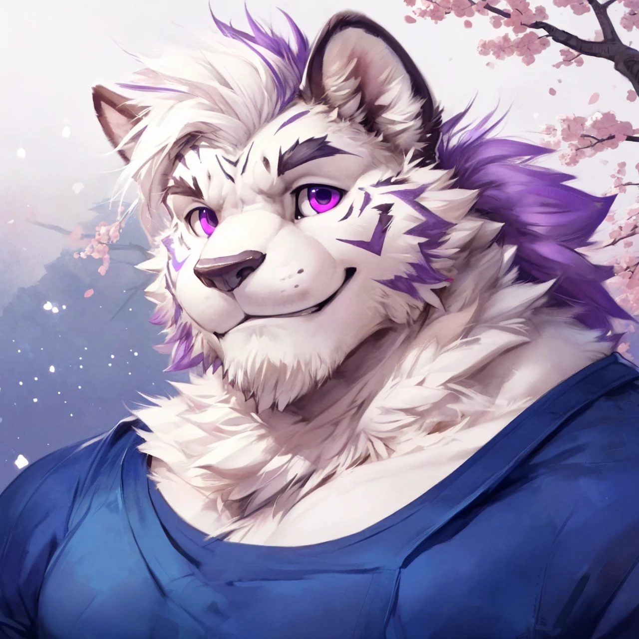 A furry male (white tiger), (Wearing blue) (anthro, male cute, barazoku, anime by littleblackalas, (kemono, bara), anime, shadows, smooth skin, masterpiece, best quality, by (by Pino Daeni, (by ruaidri), (starbuck), by (darkgem), (null ghost), (baiyushou) ((Estper)) (narse), (icon) (Gentle smile) (sakura background) (starry violet eyes)(under a tree shadow)
