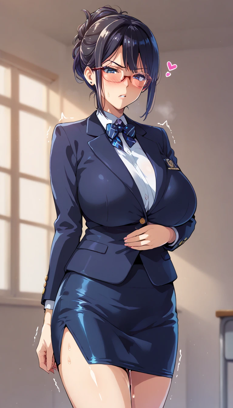 (masterpiece, best quality, ultra-detailed, high resolution, detailed eyes), takeda hiromitsu style, 1mature female, teacher, black business suit, pencil skirt, glasses, wavy black hair up, big slant eyes, annoyed, curvy body, huge breast, cowboy shot, love juice, blushing, trembling