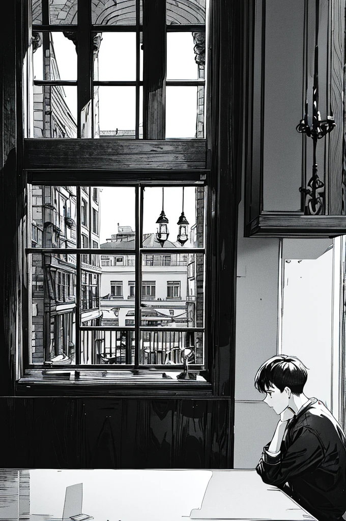 masterpiece,One boy,,(Character Focus),Black and white image quality,old photograph,In town,The character and the interviewer are sitting across from each other in a coffee shop.,the viewer is looking out the window,Characters look unhealthy due to lack of sleep etc.