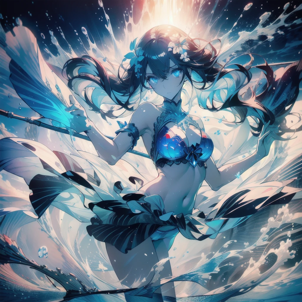 ((masterpiece, best quality)), Epic battlefield atmosphere，Delicate face，Mermaid Under the Sea，Holding a staff，whole body，Standing picture，glowing blue eyes，Large Breasts，Begonia flowers，Gradient white long wavy hair，Perfect body proportions，Pure white background，Water Ripples，Lace，Sex bikini