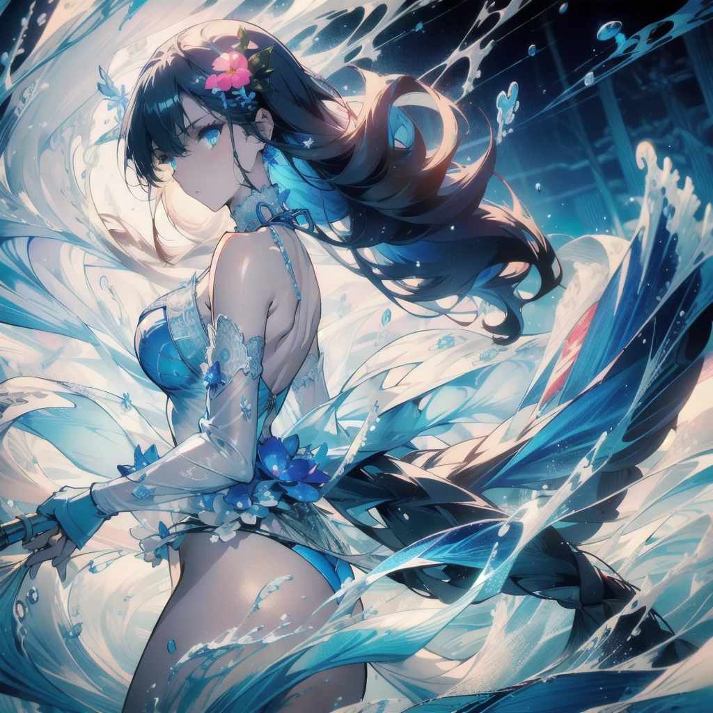((masterpiece, best quality)), Epic battlefield atmosphere,Delicate face,Mermaid Under the Sea,Holding a staff,whole body,Standing picture,glowing blue eyes,Large Breasts,Begonia flowers,Gradient white long wavy hair,Perfect body proportions,Pure white background,Water Ripples,Lace,Sex bikini
