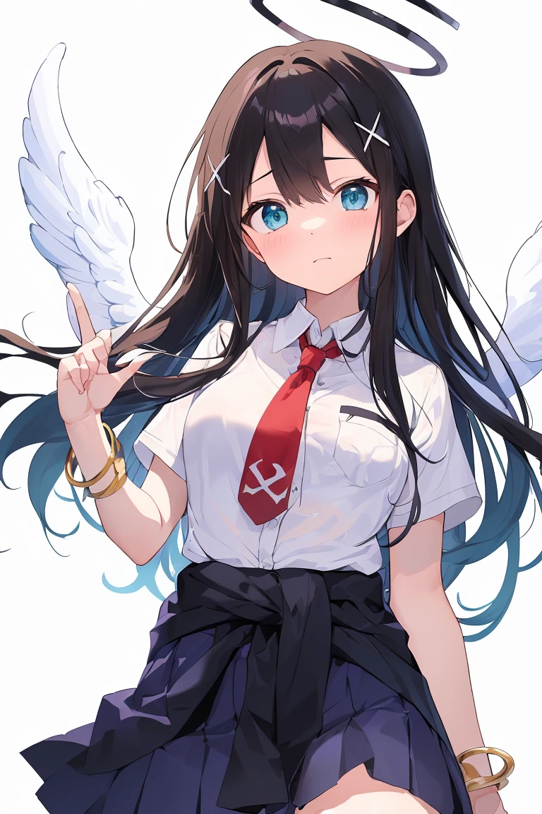 (masterpiece, high detail, high quality model, perfect face, 1 cute girl, 22 year old girl, long black hair, Elemental Magic, dynamic, beautiful eyes, Golden Bracelet ,cleavage 、(school uniforms:1.3), (white solid-color clothes around waist:1.5), (knot on waist:1.3), (white collared-shirt:1.4), (white collar, unbutton, short sleeve:1.2), (angel wing:1.3), ((X hair ornament):1.2),, perfect hands and fingers, Decided, guaranteed, break (An angel halo is floating above my head:1.3), (back arms:1.2), (facing the front)