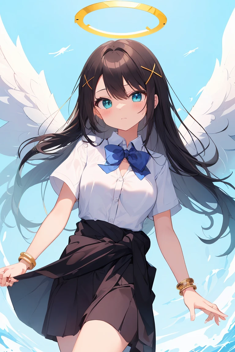 (masterpiece, high detail, high quality model, perfect face, 1 cute girl, 22 year old girl, long black hair, Elemental Magic, dynamic, beautiful eyes, Golden Bracelet ,cleavage 、(school uniforms:1.3), (white solid-color clothes around waist:1.5), (knot on waist:1.3), (white collared-shirt:1.4), (white collar, unbutton, short sleeve:1.2), (angel wing:1.3), ((X hair ornament):1.2),, perfect hands and fingers, Decided, guaranteed, break (An angel halo is floating above my head:1.3), (back arms:1.2), (facing the front)