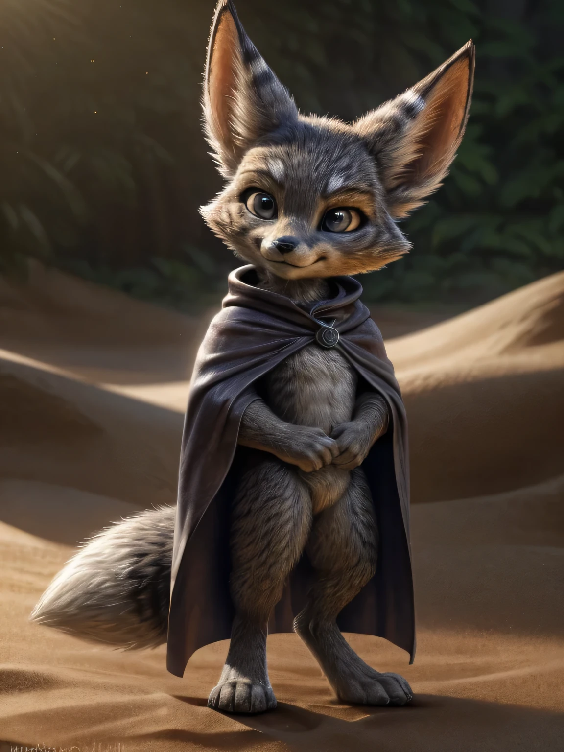 + (full lenth shot), (full body view), cartoon (anthro) ((teenager)) ((())) gray (Vulpera male) from world of warcraft very cute face, gray fox tail, hi res, photorealism, soft shading, (detailed face:1.1), (), (detailed gray eyes:1.1), (masterpiece:1.2), detailed face, (), by zaush, by ikiki, detailed gray fox fur, looking serious, good anatomy, detailed gray skin, bodily fluids, gray fur, (solo:1.1), vulpera, fenech, big ears, (1tail), (short proportions), gray eyes, (gray fur:1.1), (gray fur), (gray fur), smile, watching on camera, shiny greasy fur, ((fur)), (solo), high res, full body, (detailed realistic image:1), insane details, soft, (hyper realistic fur:1), (detailed fur:1), (fur covered body), (realistic:1), (photorealistic, photo-realistic:1), full color, (highly detailed:1.2), masterpiece, 8k uhd, good anatomy, correct anatomy, outside, manly, dynamic pose, BREAK,(in a cloak on his back),(Outlaw),(fox robber) ,[thief], (в thiefовской накидке)
