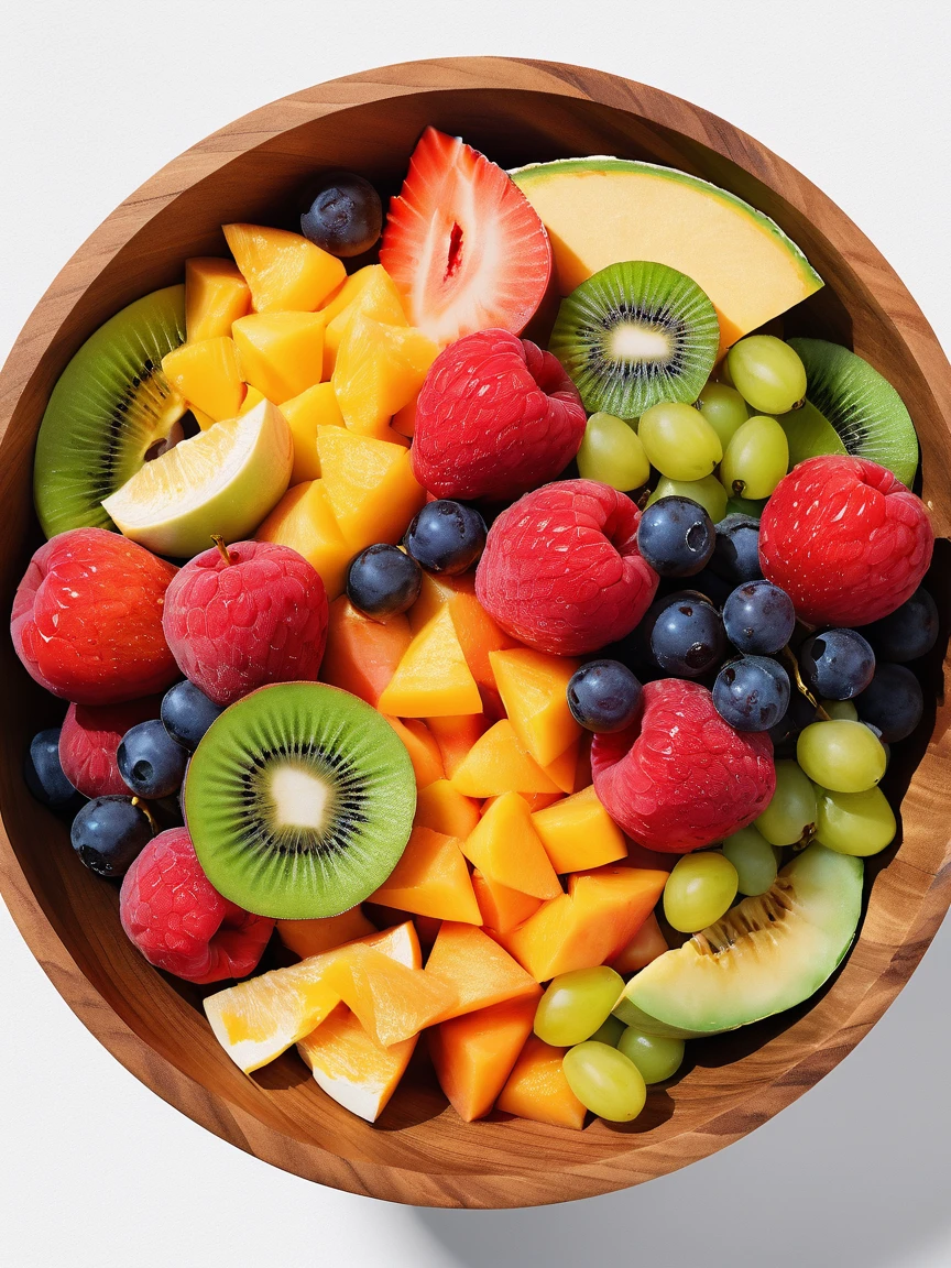 ((masterpiece)), 8k, super detail, award winning, highres, best quality, accurate,((best quality:1.2)), ((watercolor)), (((solid white background))), ((minimalist)), ((negative space)), a bowl full of fresh, healthy and vibrant color fruit salad, the bowl are made form wood, capture the fresh and delicious taste from the food, ((watercolor)), no object clip, no shadow clip, no blur, no human, no person, no text, no symbol, no over exposure,