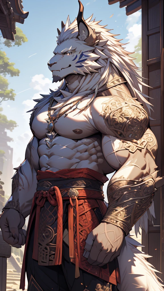 (masterpiece),(highres),(intricate details:1.4),extremely detailed,(illustration:1.2),8k,photorealistic,Anime headshot,exquisite,full body shot,aged,elder male eastern dragon,white fur,muscular,warrior,(naked upper body:1.4),(white hair:1.3),ancient Chinese armor,sexy 