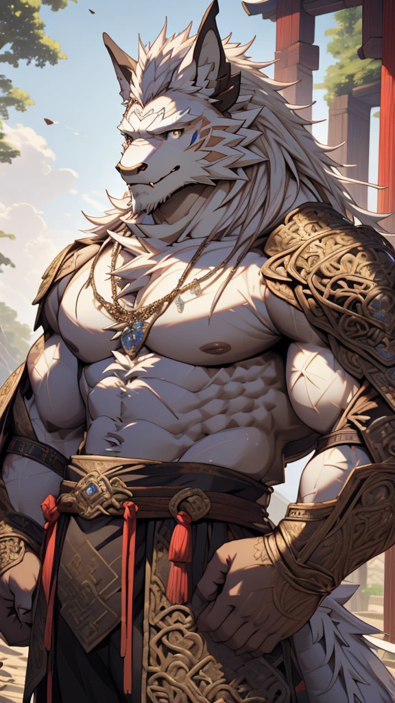 (masterpiece),(highres),(intricate details:1.4),extremely detailed,(illustration:1.2),8k,photorealistic,Anime headshot,exquisite,full body shot,aged,elder male eastern dragon,white fur,muscular,warrior,(naked upper body:1.4),(white hair:1.3),ancient Chinese armor,sexy