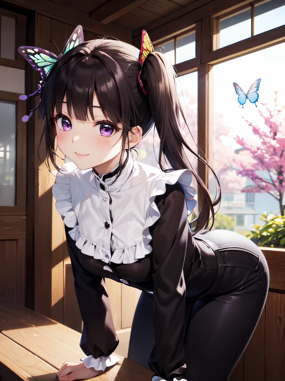 Very detailed, Kanao Tsuyuri, High resolution、Closed Mouth、smile、Black Hair, butterfly, butterfly hair ornament, (Purple eyes:1.1), Side Ponytail,、全体的にLong Hair、1 Girl, Long Hair, Brown Hair、Bright Eyes、pants＿Lolita clothes、Absolute reference to the center、Leaning forward