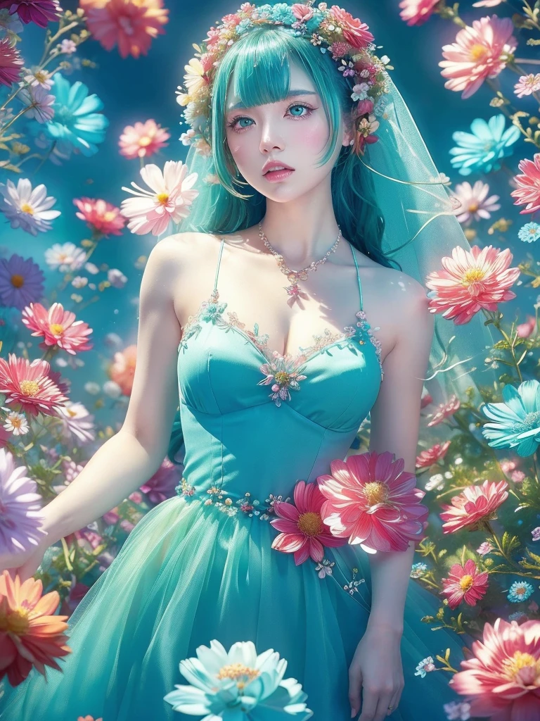 (Fashion magazines are a big hit:1.2),(Attractive woman:1.3),(Beautiful and delicate eyes:1.2),(Fashion clothing design:1.2),(Tulle texture:1.1),turquoise Flowers,surrounded by Flowers,Transparent dew,Fresh and elegant,(Flowers blooming wildly:1.2),Delicate buds,Turquoise blue atmosphere,(masterpiece:1,2),Highest quality,masterpiece,High resolution,original,Highly detailed wallpaper,Perfect lighting,(Highly detailed CG:1.2)Flowers,turquoise Flowers,full_body, Huge_chest, whole body
