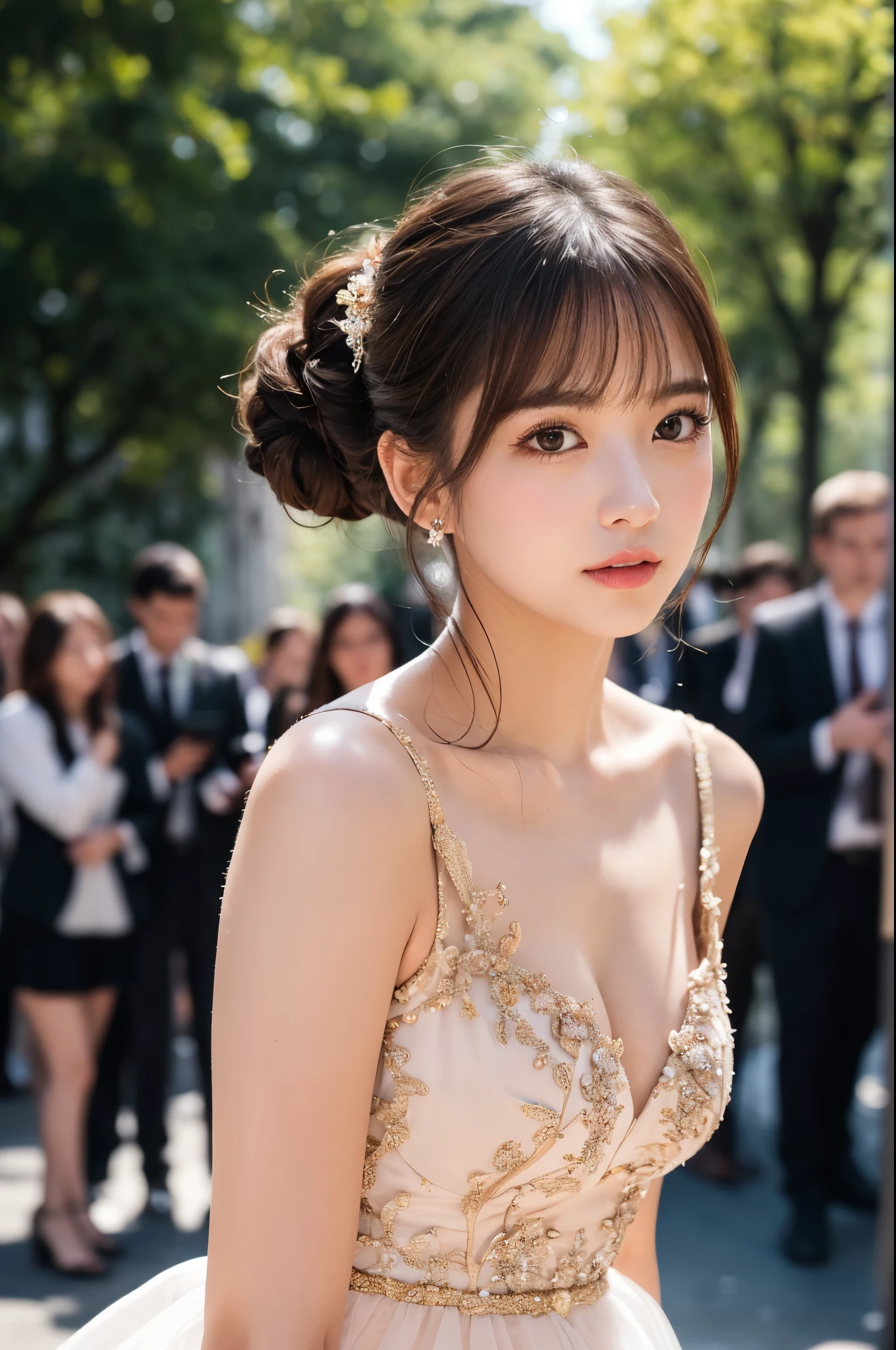 (masterpiece:1.5)、(Realistic:1.5)、(Highest quality:1.4、8K、RAW Photos）、 Ultra-high resolution、Professional Lighting、Perfect dynamic composition、Outdoor Shot、 Film Grain、chromatic aberration、(Bokeh:1.1)、 Frank、Sophisticated、charm、Surreal、High detail、Golden Ratio、 (1 Girl)、Slender girl、繊細でcharm女の子、Cute Woman:1.4、 Serious expression、Looking at the audience、Various poses、 Light brown hair、Shiny Hair、Hairstyle: ponytail、 Realistic looking skin、 shut up.、Beautiful Eyes、double eyelid、Thin arms、、 (majestic style, sophisticated and elegant, holy and mysterious:1.2),(wearing ball gown dress:1.2), 
