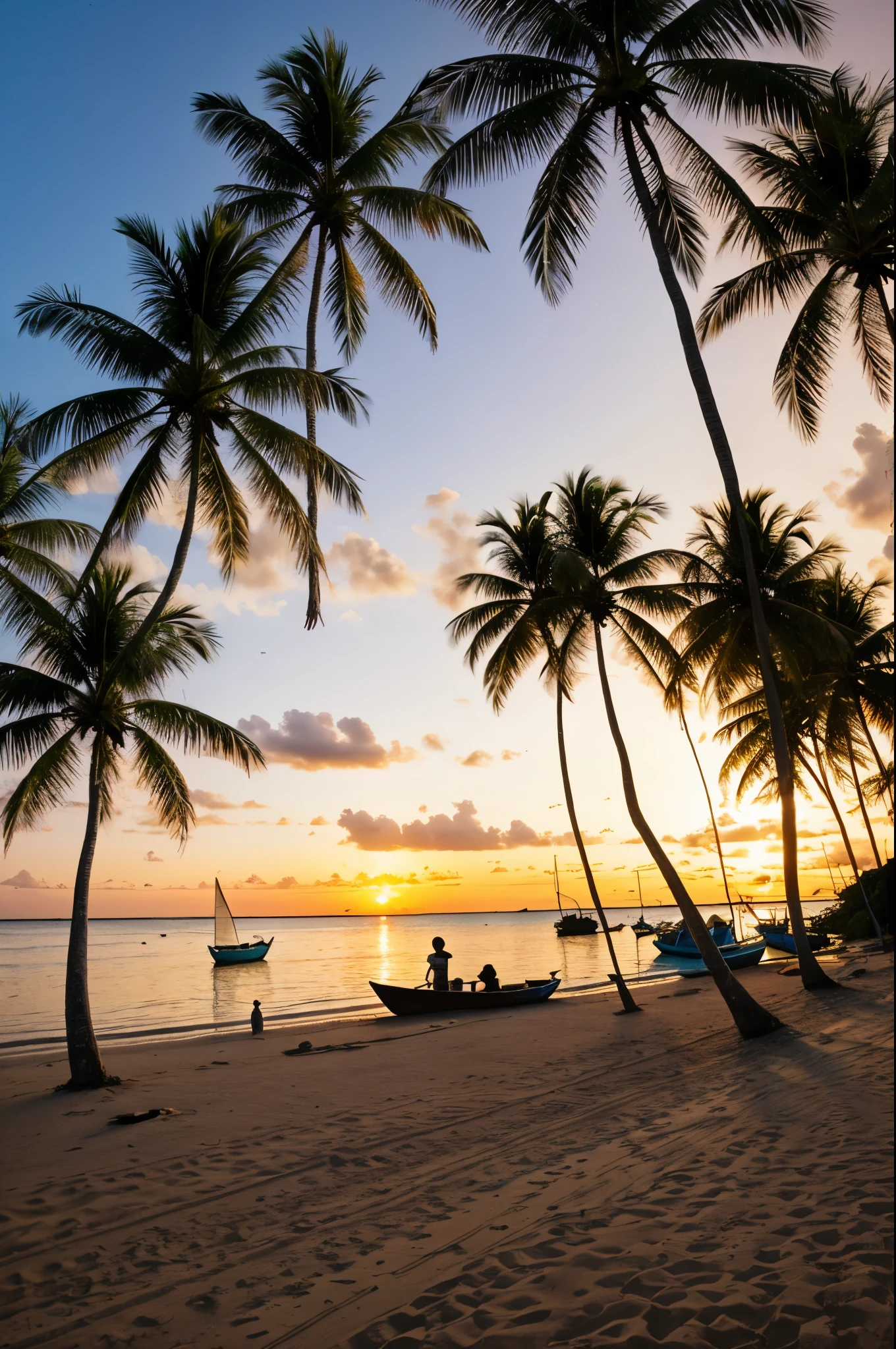 A village by the sea with coconut trees and boats and beautiful beach with sunset