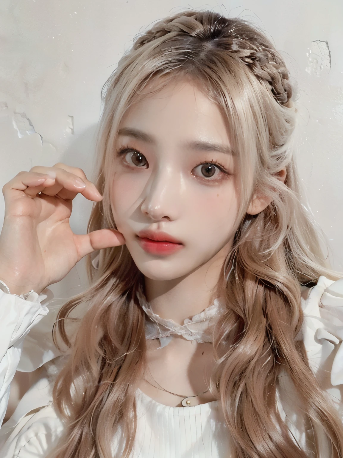 best quality, masterpiece, ultra high resolution, (photorealist:1.2), raw photo, 1 girl, long straight hair, realist, assembly, platinum blonde hair, white dress,blurred background