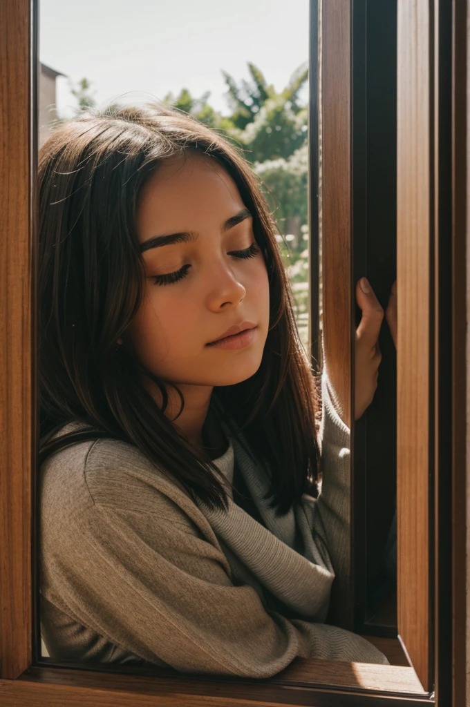 A theif looking through a wooden window of a girl sleeping.