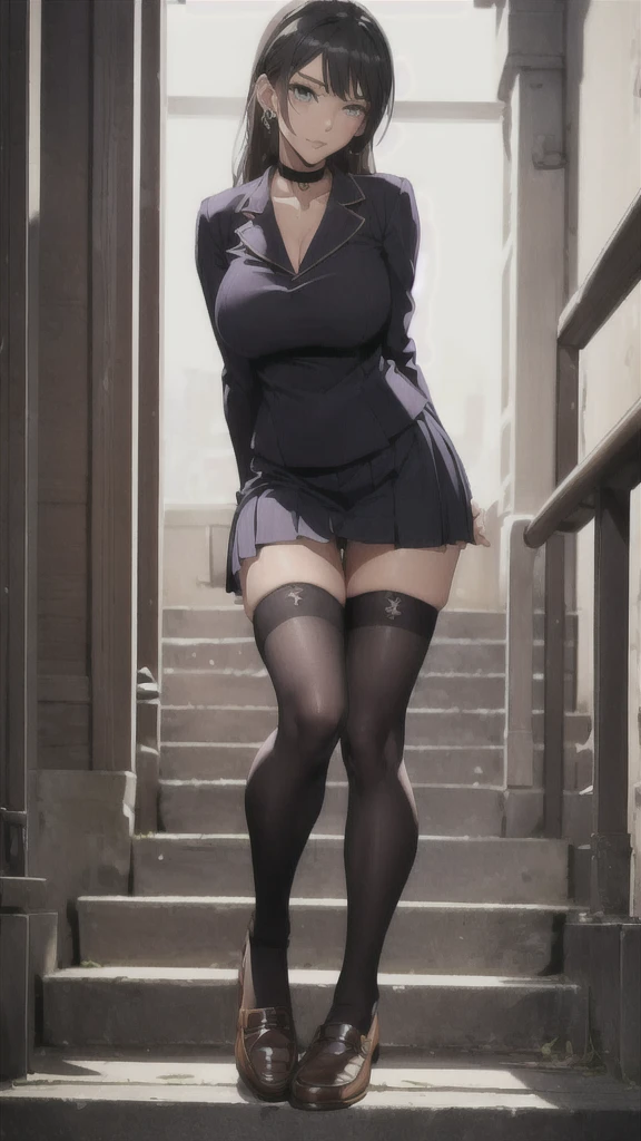 ((Correct Anatomy)),(on stage),(Female student)、((school uniform))、((Short sleeve))、(Mini Pleated Skirt),(((Black Stockings))),((Lace panties)),((Stand on the stairs of the school)),Ultra-high resolution,Mature Woman, Mature Woman, Very detailed,Sunburned skin,Brown Skin, (Big Breasts),((Beautiful feet)),Perfect hands, Detailed fingers, Beautiful details, ((Long Hair)),((ponytail)),Glasses,Black Choker, Earrings,loafers,Perfect Eyes, Captivating eyes,(open-chest)