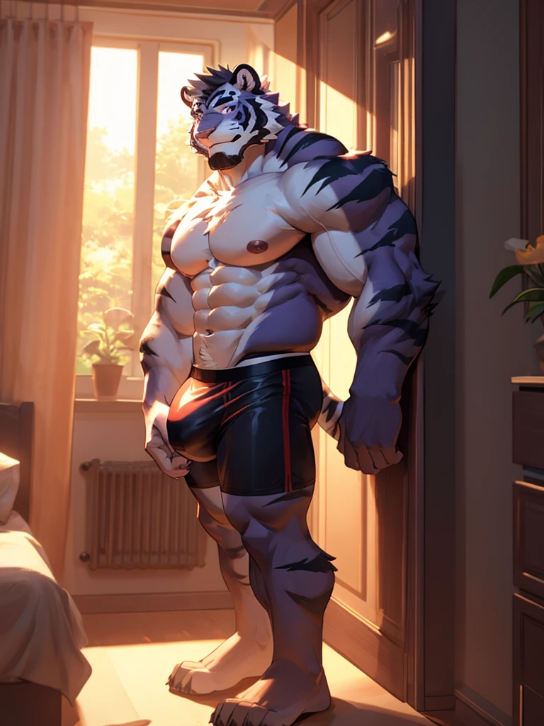 bara extremely handsome white tiger furry leaning on wall wearing only tight purple colored boxer briefs, tall, massive pecs, broad shoulders, sultry gaze, purple eyes, smirking at camera seductively, sultry teasing gaze, one hand on his thigh near his bulge, running hand through hair, long legs, looking at viewer, huge bulge, bedroom, sunlight casting over,Bara, Furry, dynamic shading