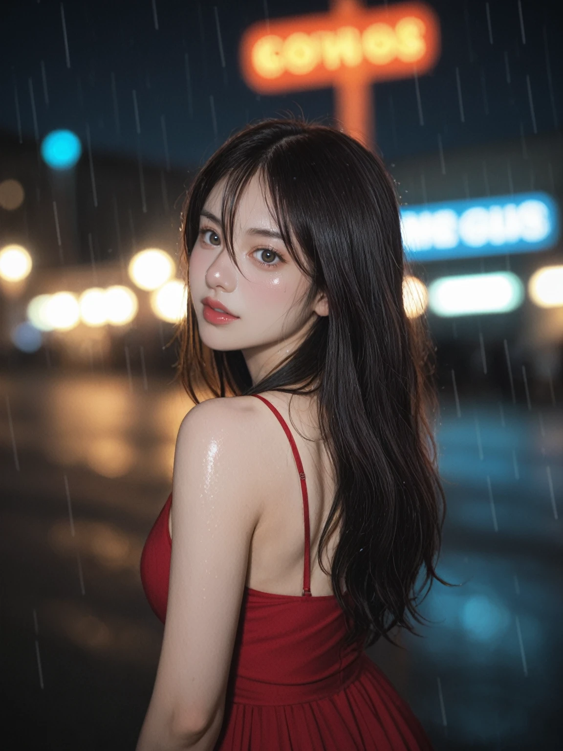 realistic,score_9, score_8_up, score_7_up, BREAK,
1girl,solo,long hair,Rough skin,from back,face focus,(looking at viewer:1.2),wet hair,dark,polaroid,(depth_of_field:1.5),rainy days,outdoors,street,hair between eyes,moody lighting,Tyndall effect,Cinematic Lighting,night,lamppost,lens flare,available light,rim light,glowing neon lights,curvy,Red silk dress,korea girl,