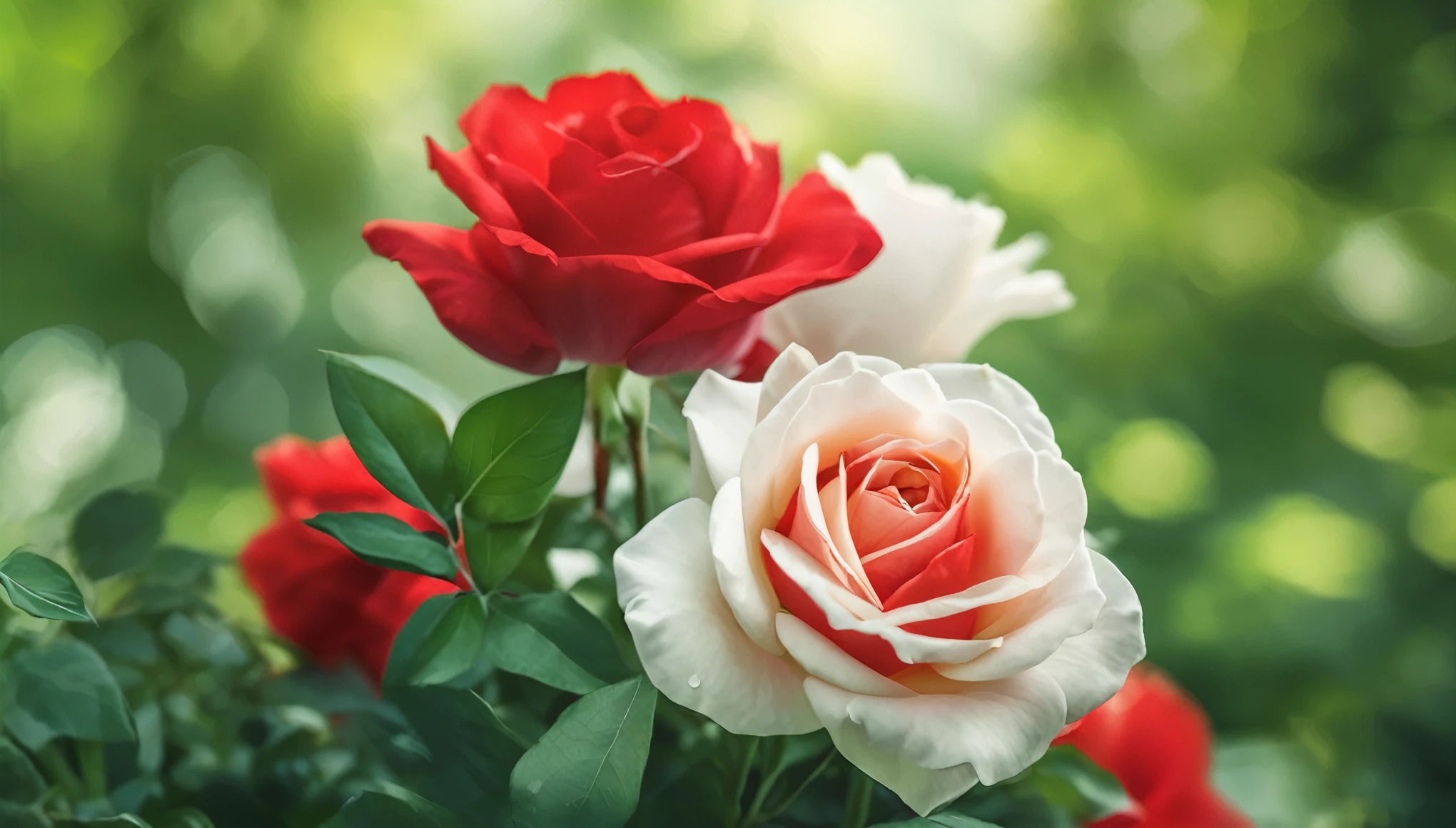 Close-up of vivid red and white roses centered in the frame, soft focus on surrounding lush green foliage, defocused background creating a bokeh effect, nature's palette in full display, natural light, ultra fine details, digital painting