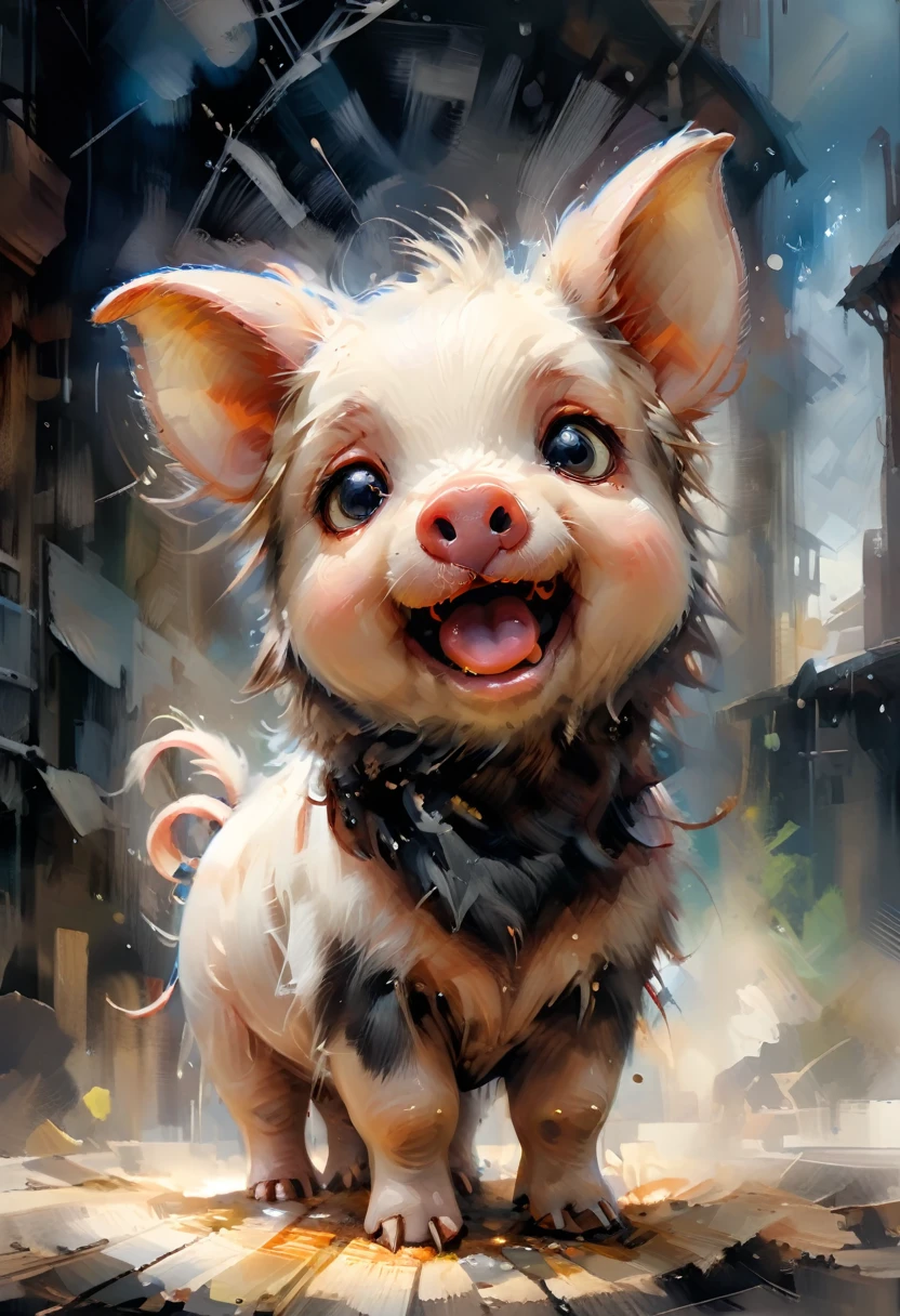 a painting of an masterpiece, highest quality illustration, high resolution 16k, ultra detailed, a baby pig with its mouth open, popular on art station, laughter and screaming face, the artist has used bright, by Peter Rockwell, digital photo, exaggerated expression, close to the camera, cheerful, whiskers, smiling at the viewer, by Suzy Rice, watercolor, oil and watercolor painting