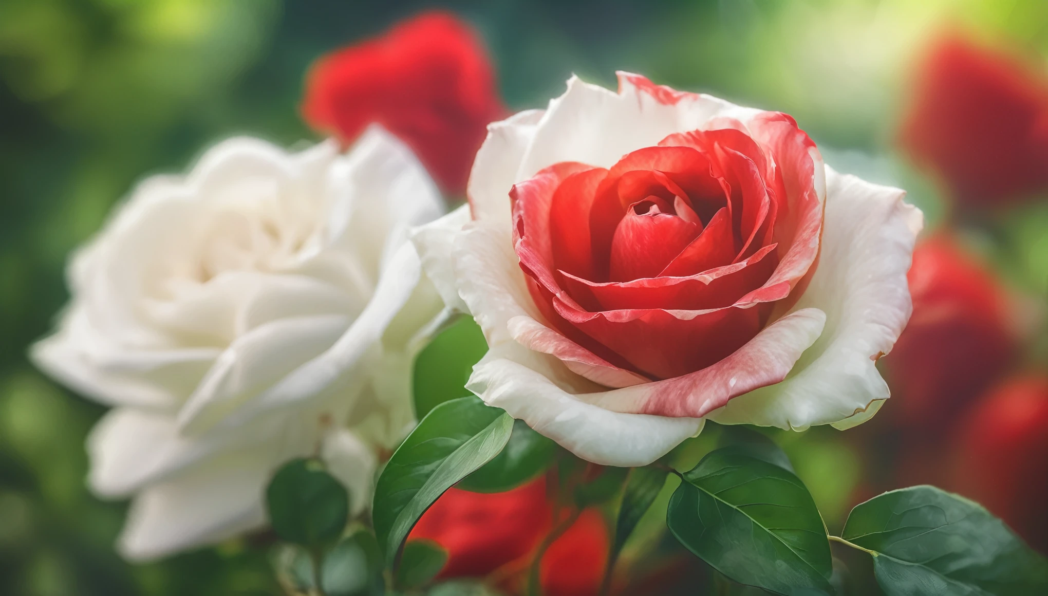 Close-up of vivid red and white roses centered in the frame, soft focus on surrounding lush green foliage, defocused background creating a bokeh effect, nature's palette in full display, natural light, ultra fine details, digital painting