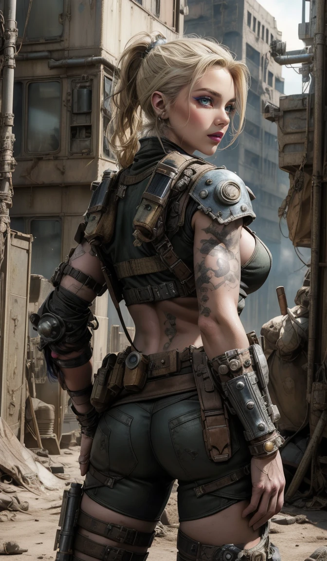 Powerful Concept Character Sheet, Charm, And a hot warrior woman, mad max style, Post-apocalyptic style, Dieselpunk style, dieselpunk setting, Dieselpunk Soldier Girl, Wearing technical clothing and armour, Cyberpunk Costumes, Steampunk Style, her face is oval, The forehead is smooth、The temples are noticeably rounded.. Jaw line is soft and defined, Gives a gentle and feminine impression, whole body, Full of details, Front view, Back view, Very detailed, depth, Many parts,((masterpiece, Highest quality)), 8K, Detailed face, scar (Twin ponytail hairstyle) (Blonde) (Green Eyes), Angry expression, Drawing infographics. Multiple sexy poses. Tattoo,3d