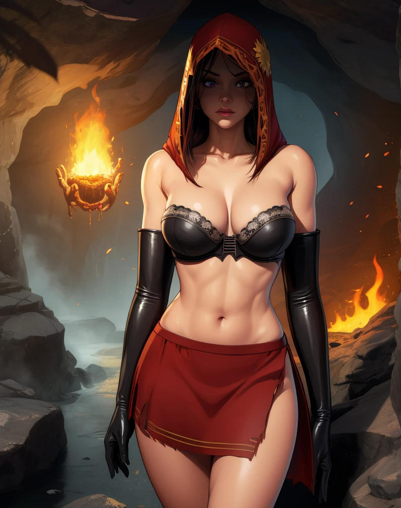 Dsorceress,shadowy face,dark cave,fire, hood, shadowed face,strapless bra, no panty, miniskirt,elbow gloves, dark skin, 1 girl (insanely detailed, masterpiece, best quality),