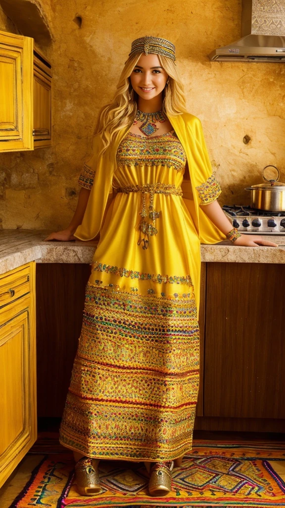 beautifull hot german blonde, robe kabyle, berber, amazigh dress, kabyledress, tizi ouzou, berber outfil, kabylegirl, bijoux, kitchen background, full body, realistic, gold yellow color robe