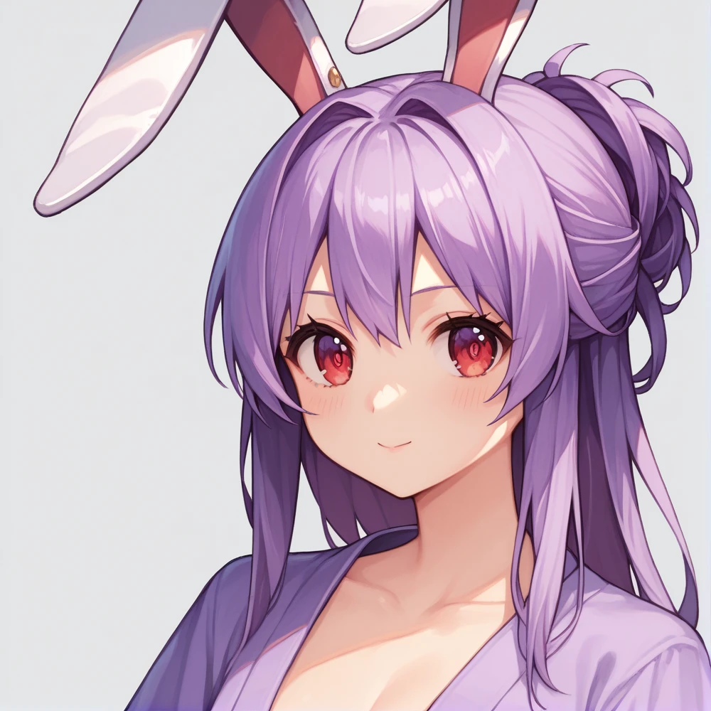 score_9, score_8_up, score_8, score_9, 1 girl,  source_anime,  reisen udongein inaba, purple hair, red eyes, rabbit ears, rabbit girl, portrait, updo hairstyle, violet kimono, no tie