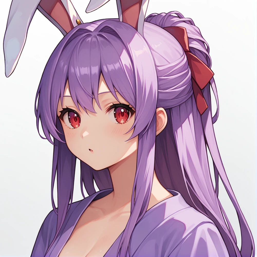 score_9, score_8_up, score_8, score_9, 1 girl,  source_anime,  reisen udongein inaba, purple hair, red eyes, rabbit ears, rabbit girl, portrait, updo hairstyle, violet kimono, no tie