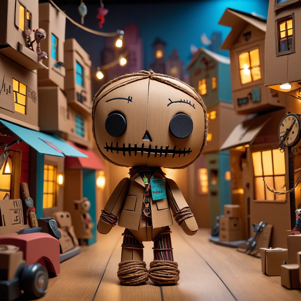 (knitted toy voodoo doll:1.5), (Voodoo Doll in a Cardboard City:1.3), (Clothing: casual attire with cardboard box patterns:1.0), (Accessories: enchanted paperclip emitting a subtle glow, floating cardboard buildings:1.1), (background: whimsical cityscape made of cardboard with playful details and a creative vibe:1.2), best quality, masterpiece, detailed soft oil painting, detailed background, dramatic cinematic lighting, soft edge lighting, professional, dramatic lighting, hard edge lighting, ultra quality, 4k,masterpiece, best quality, 8k, ultra highres, highres, extremely detailed
