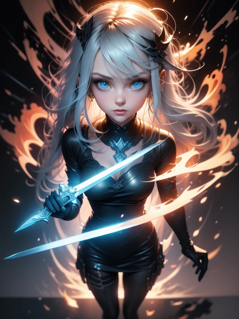 3D impressionist illustration, Masterpiece, Highest quality, low Contrast, A Russian girl in her early 20s with ash grey hair, Fallen Angel, Black Angel, Ultra-near-future weapons, Full body portrait, Uplifting, A brave sword-wielding, Uplifting, A hell flame in the black background, Gorgeous, A night view smattering with brilliant colors, hard rainy