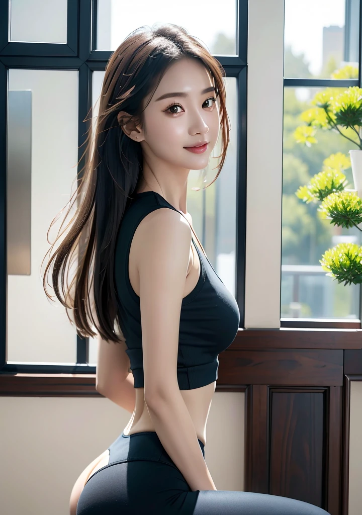 (masterpiece, best quality，High resolution, Super Detail：1.2), 1 Girl, Solitary,Wear a tight vest。Yoga Pants，Shining eyes，Seductive eyes，Beautiful posture，Charming smile，Natural and soft light