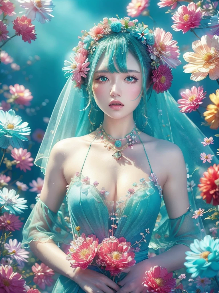 (Fashion magazines are a big hit:1.2),(Attractive woman:1.3),(Beautiful and delicate eyes:1.2),(Fashion clothing design:1.2),(Tulle texture:1.1),turquoise Flowers,surrounded by Flowers,Transparent dew,Fresh and elegant,(Flowers blooming wildly:1.2),Delicate buds,Turquoise blue atmosphere,(masterpiece:1,2),Highest quality,masterpiece,High resolution,original,Highly detailed wallpaper,Perfect lighting,(Highly detailed CG:1.2)Flowers,turquoise Flowers,full_body, Huge_chest, whole body